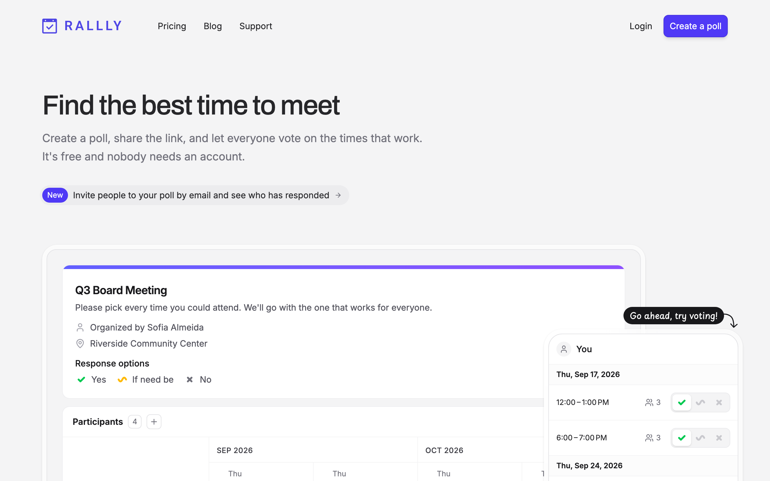 The Rallly landing page: find the best time to meet, with a sample poll for a board meeting.